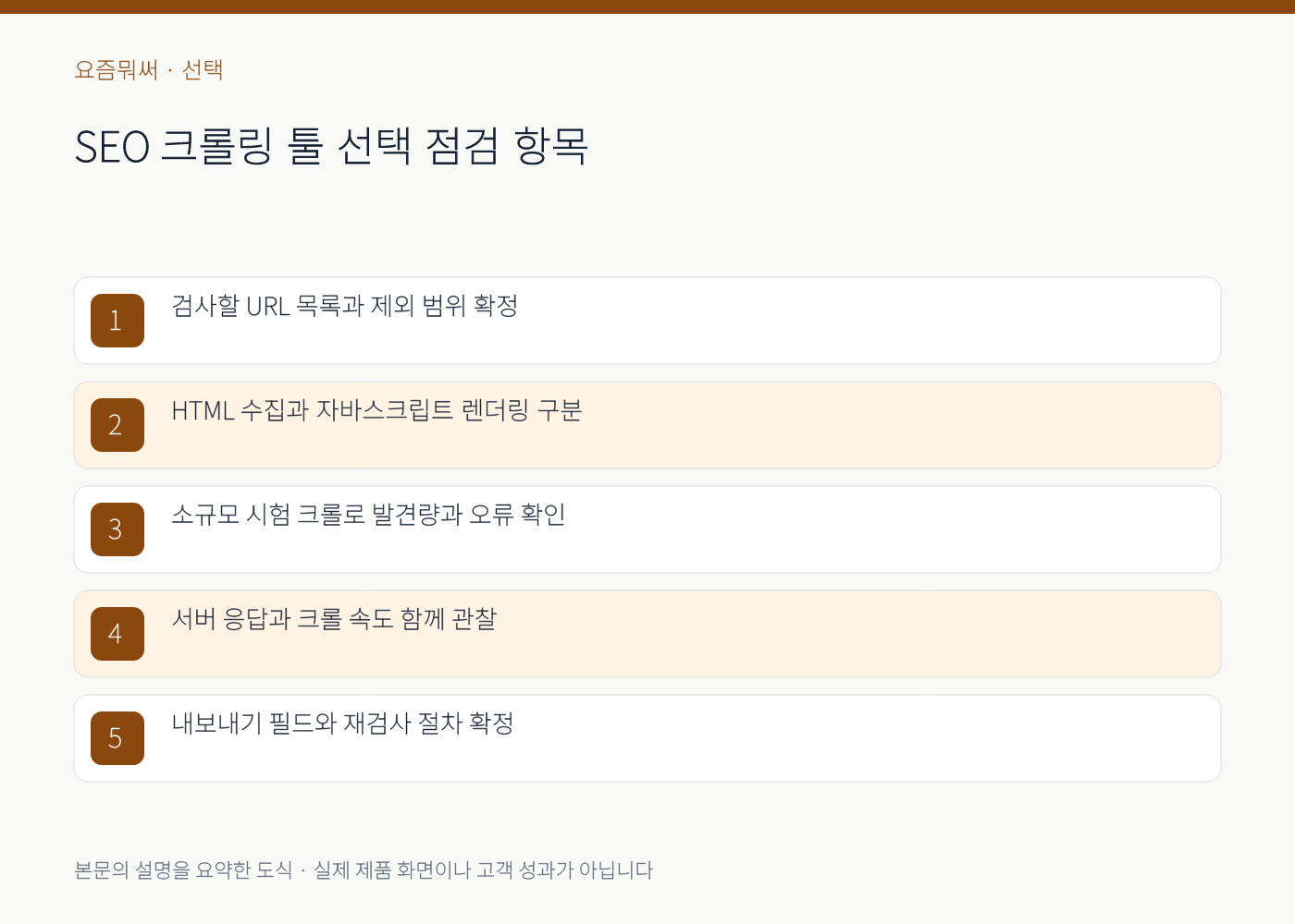 SEO 크롤링 툴 선택의 실무 점검 항목을 정리한 설명 도식