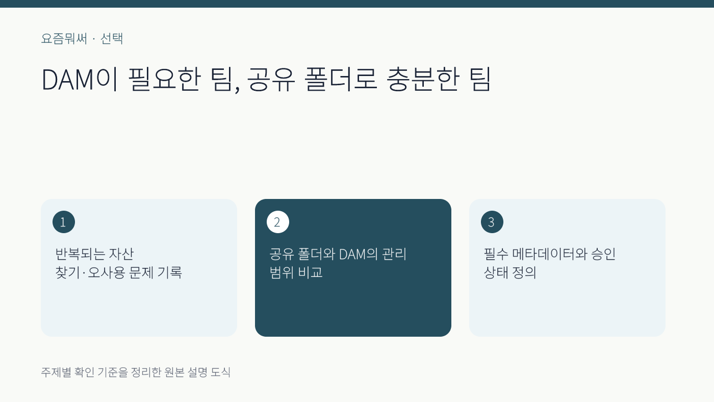 DAM 도입 기준의 주요 확인 기준 세 가지를 정리한 설명 도식