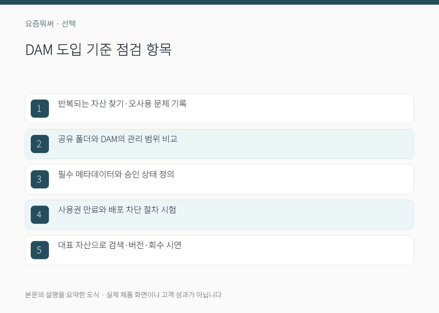 DAM 도입 기준의 실무 점검 항목을 정리한 설명 도식