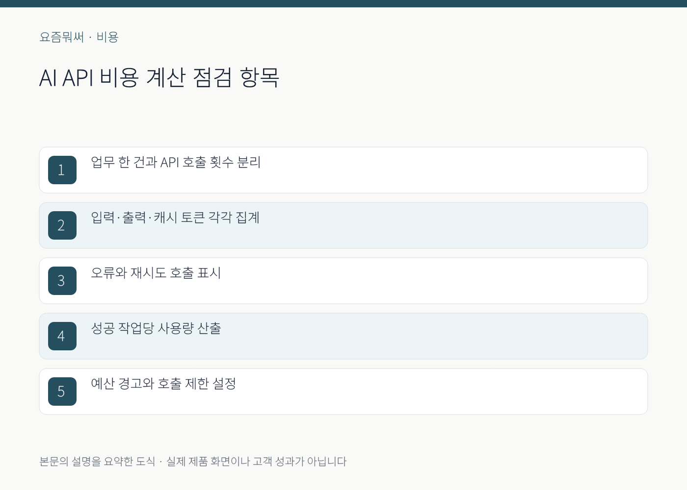 AI API 비용 계산의 실무 점검 항목을 정리한 설명 도식