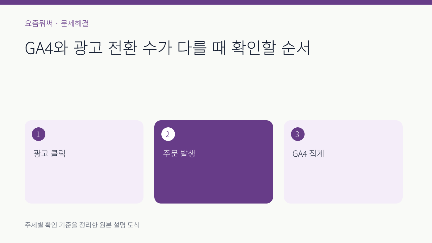GA4 광고 전환 차이의 주요 확인 기준 세 가지를 정리한 설명 도식