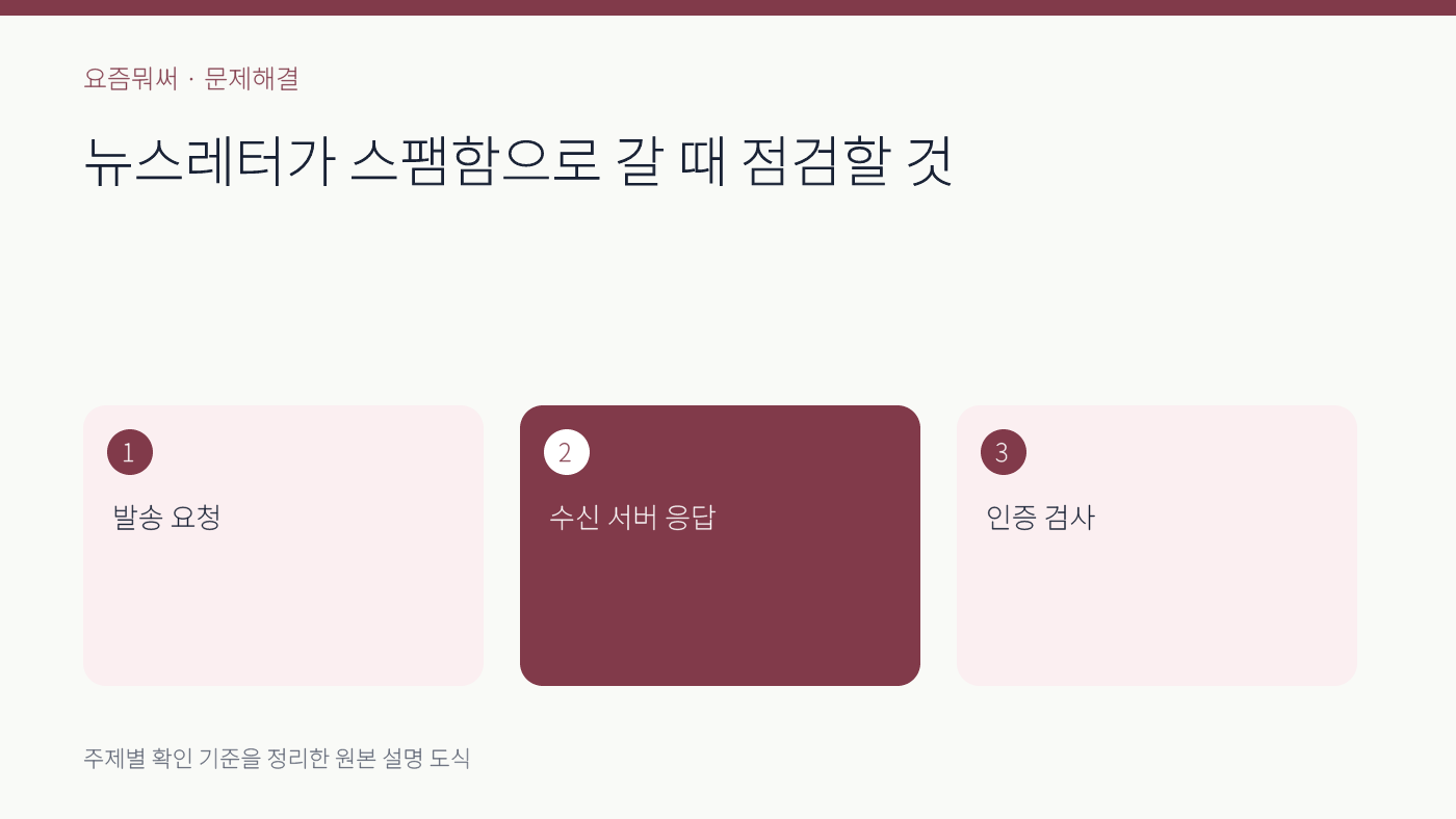 뉴스레터 스팸함 해결의 주요 확인 기준 세 가지를 정리한 설명 도식