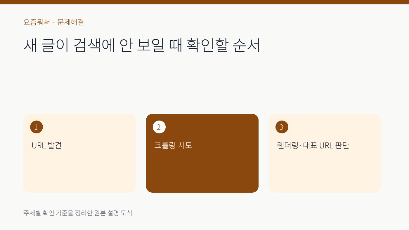 페이지 색인 안됨의 주요 확인 기준 세 가지를 정리한 설명 도식