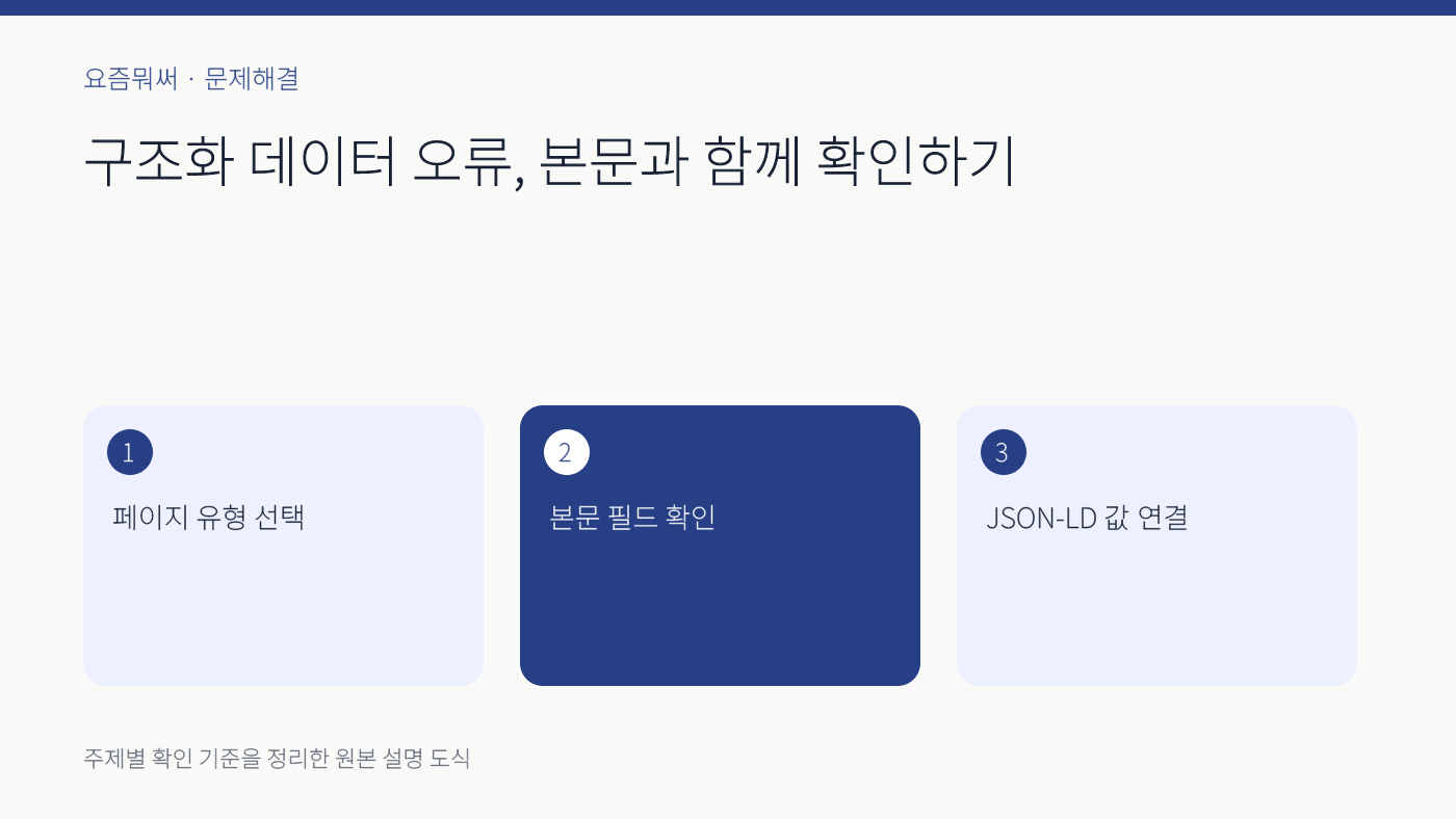 구조화 데이터 오류 해결의 주요 확인 기준 세 가지를 정리한 설명 도식