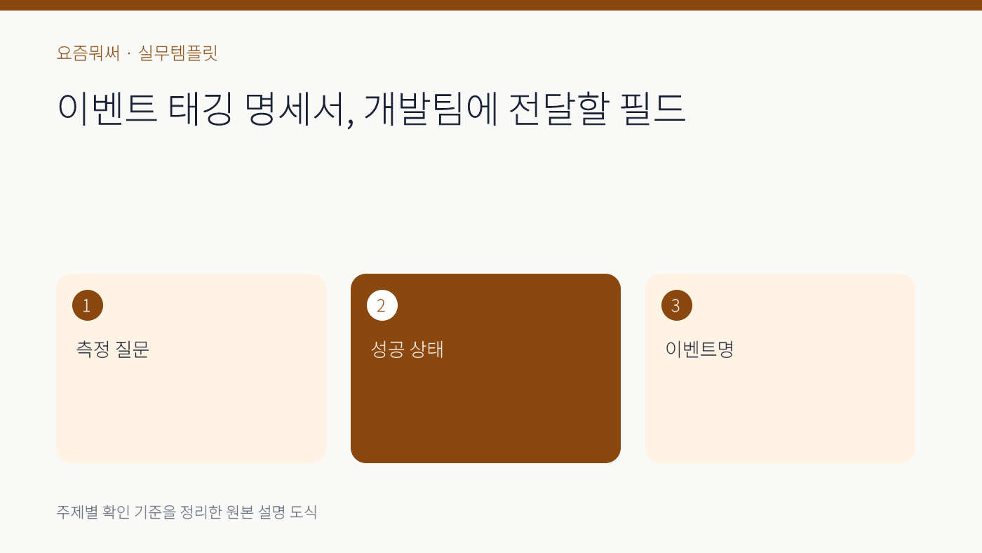 이벤트 태깅 명세서의 주요 확인 기준 세 가지를 정리한 설명 도식