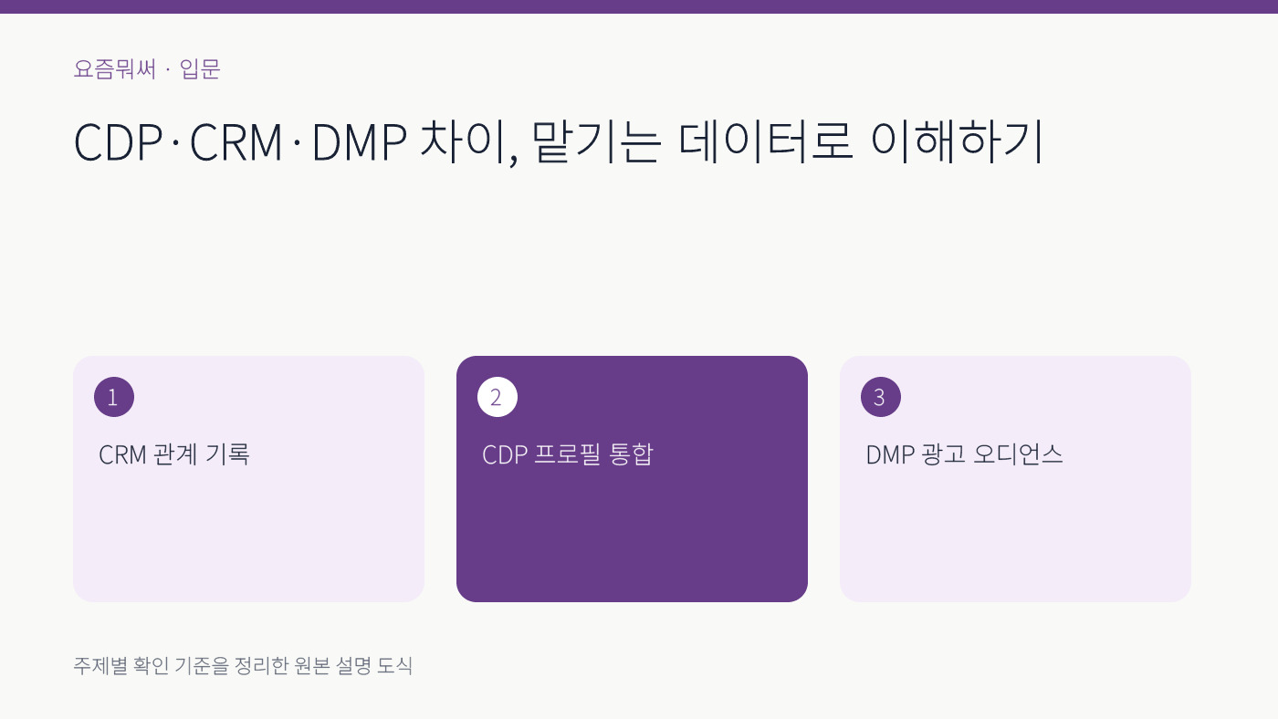 CDP CRM DMP 차이의 주요 확인 기준 세 가지를 정리한 설명 도식