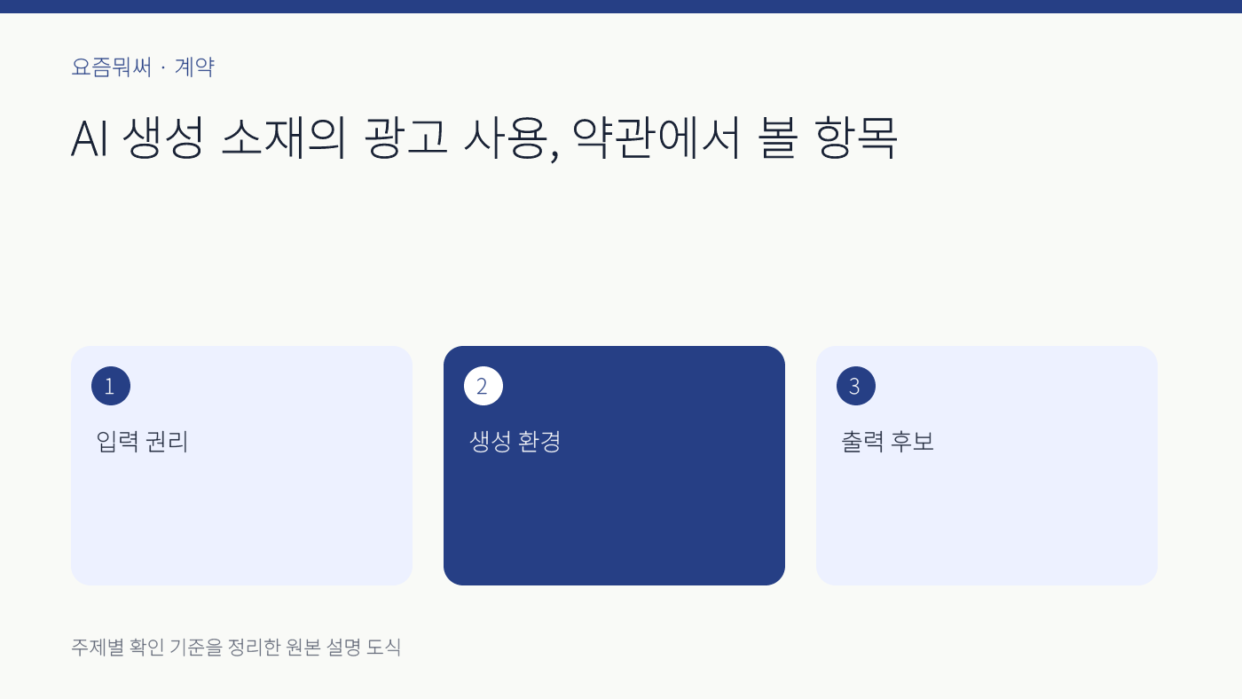 AI 생성 소재 상업 이용 약관의 주요 확인 기준 세 가지를 정리한 설명 도식