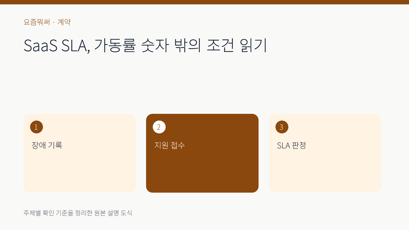 마케팅 SaaS SLA 계약의 주요 확인 기준 세 가지를 정리한 설명 도식